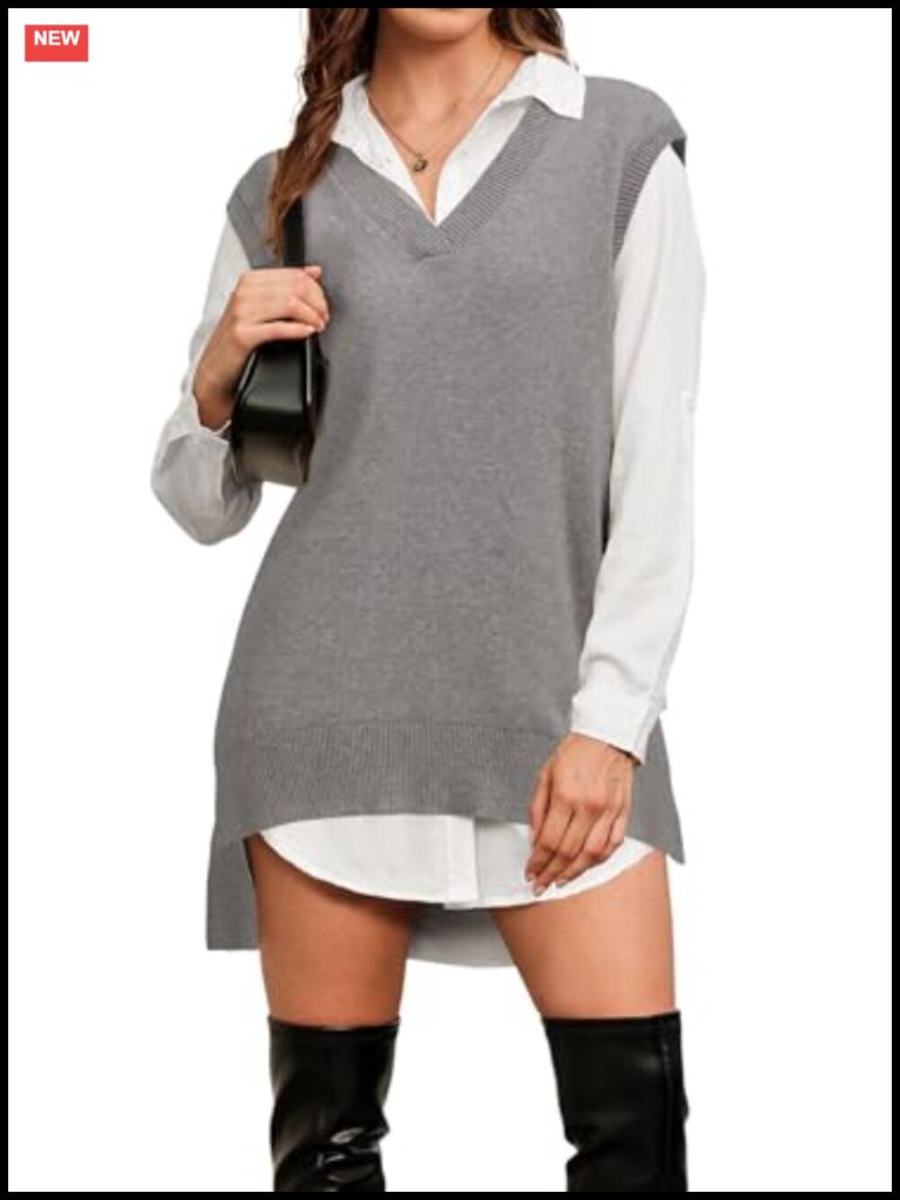 Wool Blend Sleeveless V-Neck High Low Sweater Vest Side Slit Layering Tunic